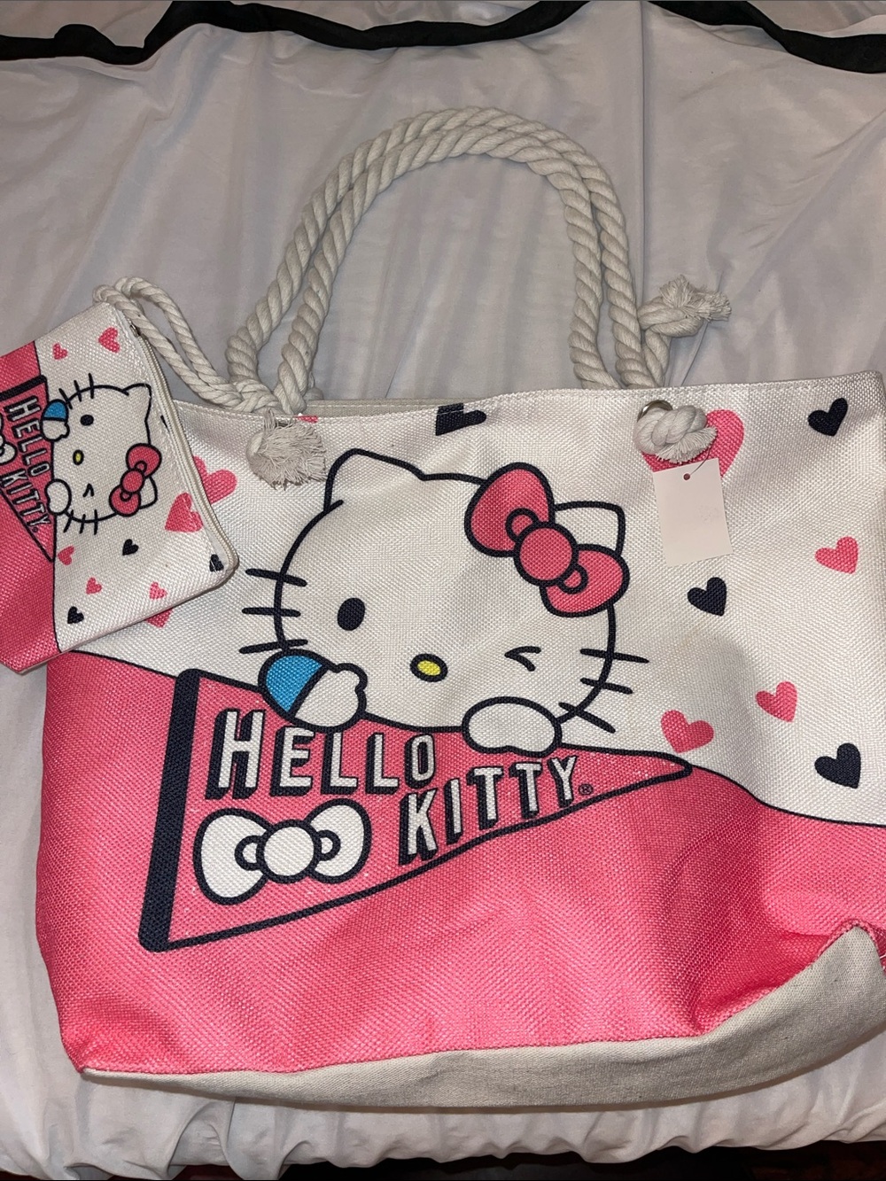 Hello Kitty Pink, White & Blue Rope Handle Tote with Heart Accents